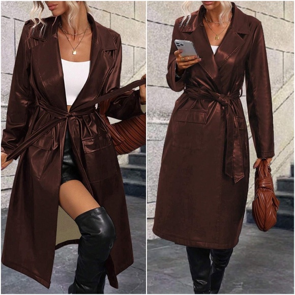 Luxe Vegan Leather Belted Minimalist Trench Coat Jacket - Picture 6 of 7